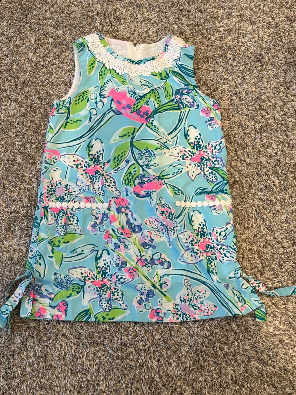 Floral Aqua Sleeveless Dress with Pink & Green Accents